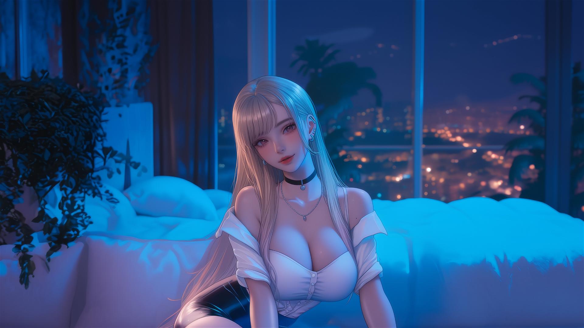 Marin Kitagawa from Kurikami City sitting on a hotel bed with moonlight glow.