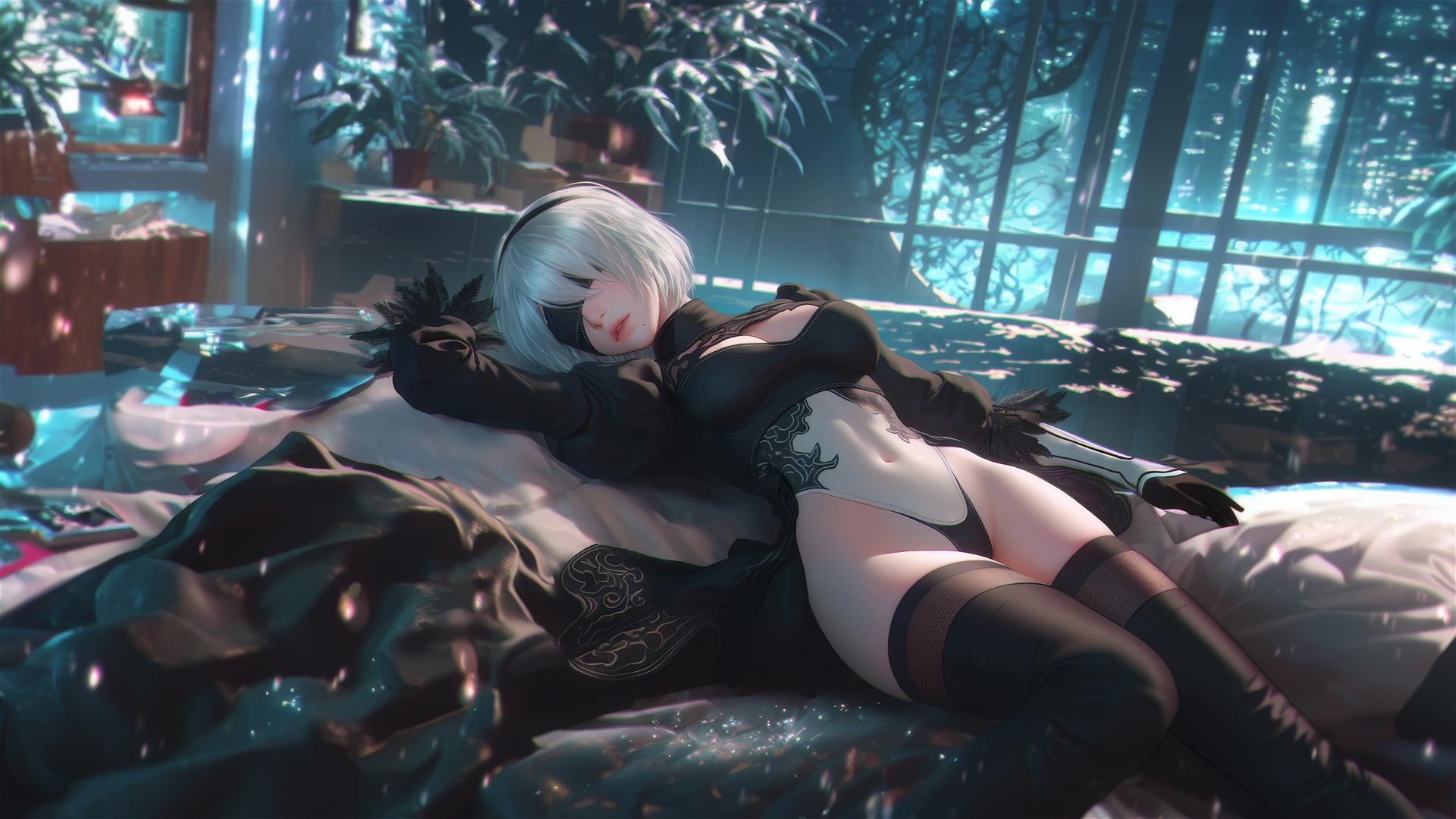 2B from Nier relaxing in a modern hotel room with moonlight glow