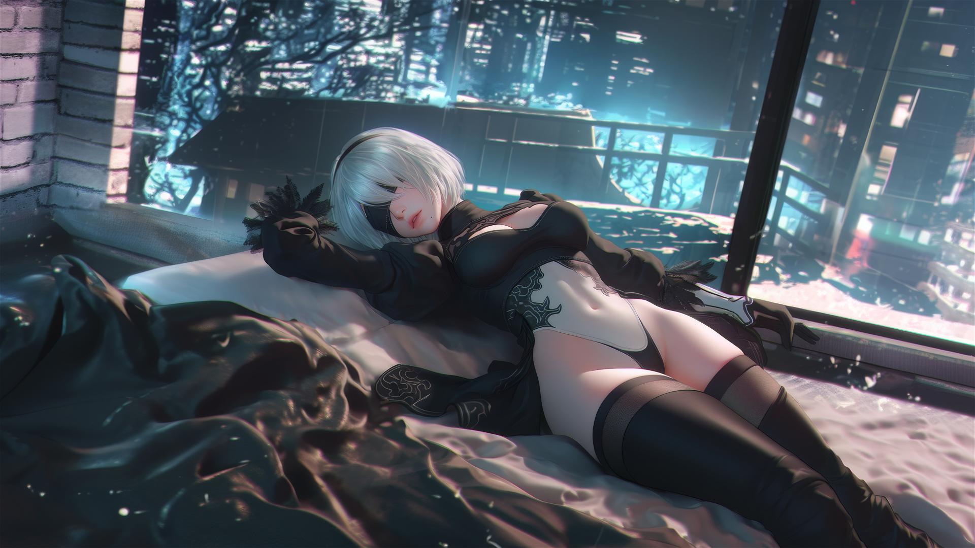 2B from Nier, resting in a modern hotel room with moonlight glow