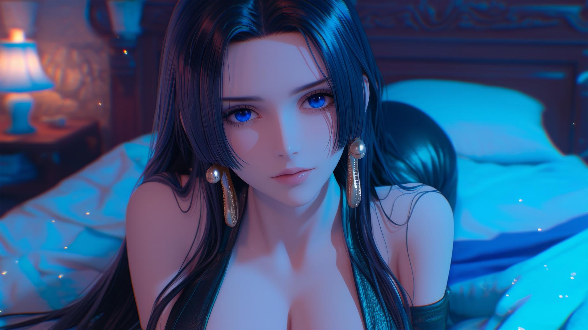 Boa Hancock from One Piece in bed, wearing black and pink leather, neon colors