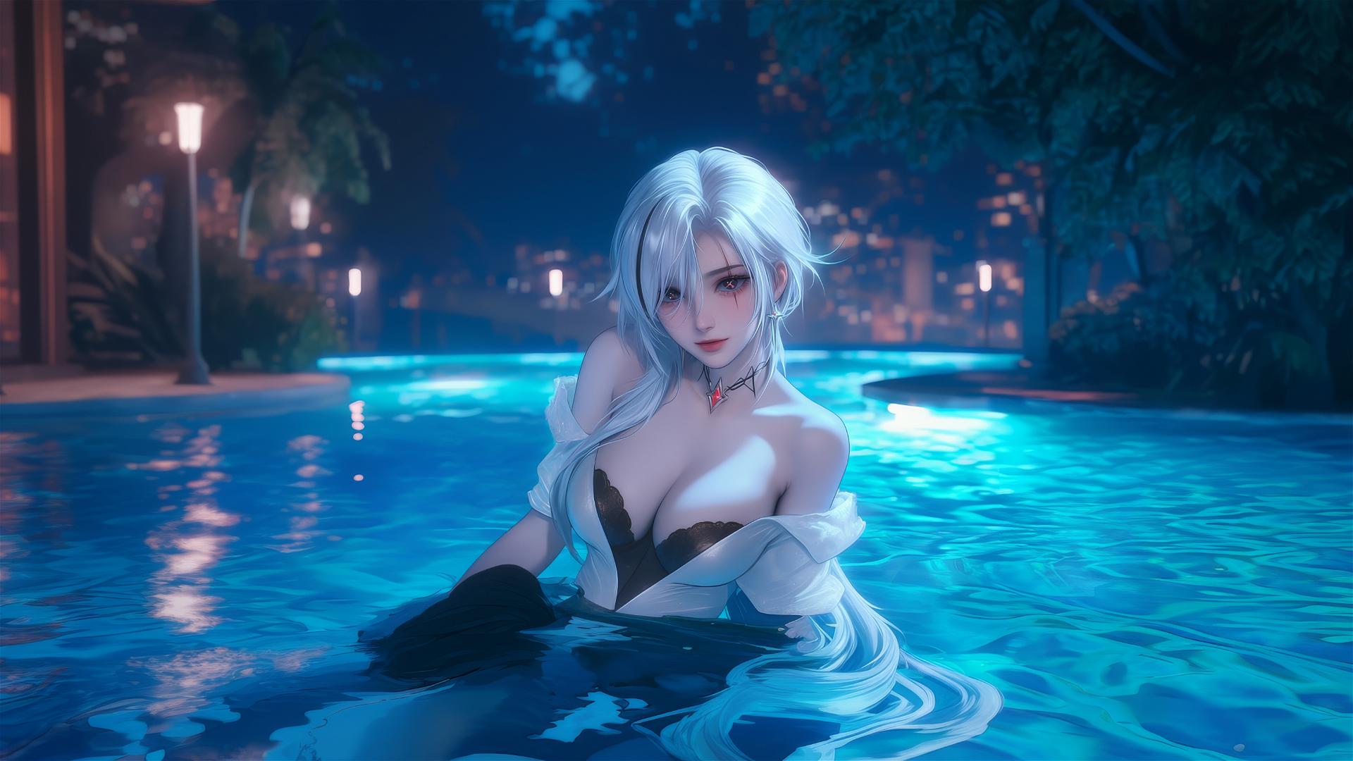 Arlecchino from Genshin Impact with snow white hair and black streaks by a pool in moonlight