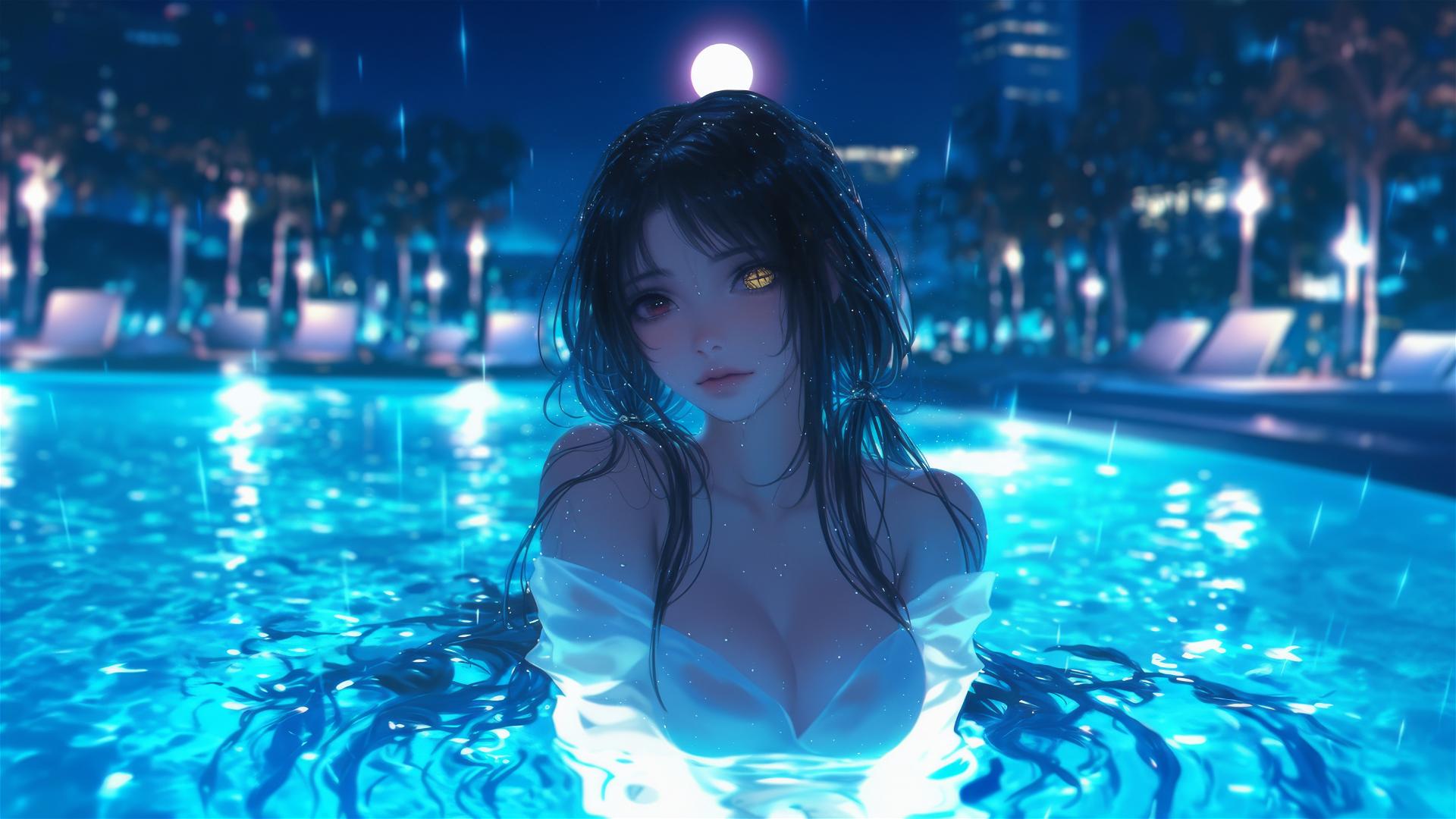 Kurumi Tokisaki standing in a rainy swimming pool under moonlight, in white dress, with red and yellow eyes.