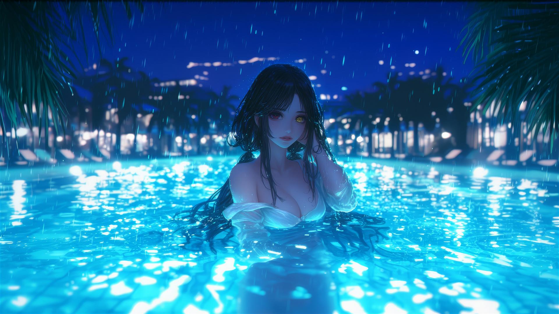 Kurumi Tokisaki from Date A Live in a rainy pool, moonlight glow, white dress