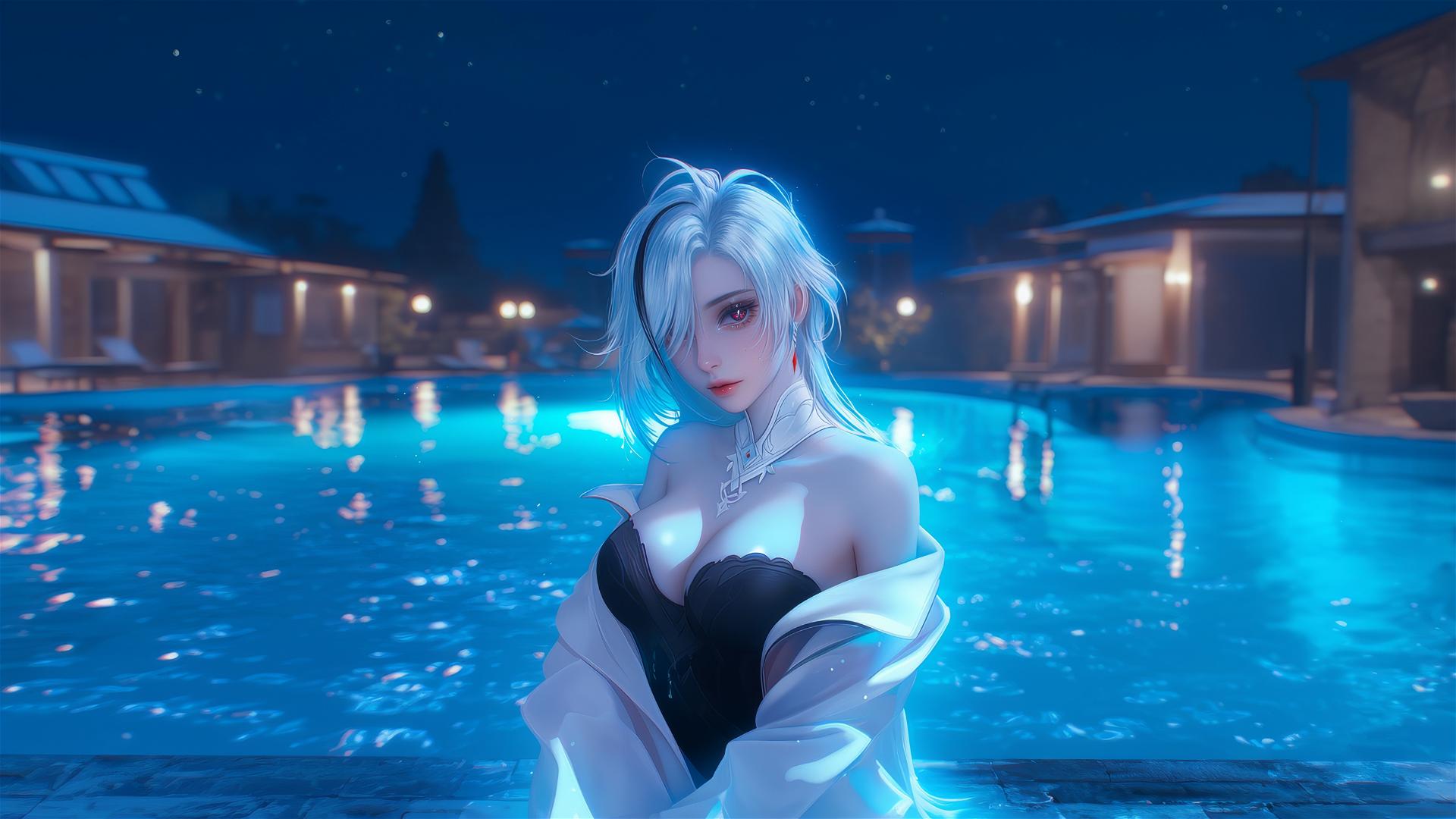 Arlecchino from Genshin Impact resting by a pool under moonlight