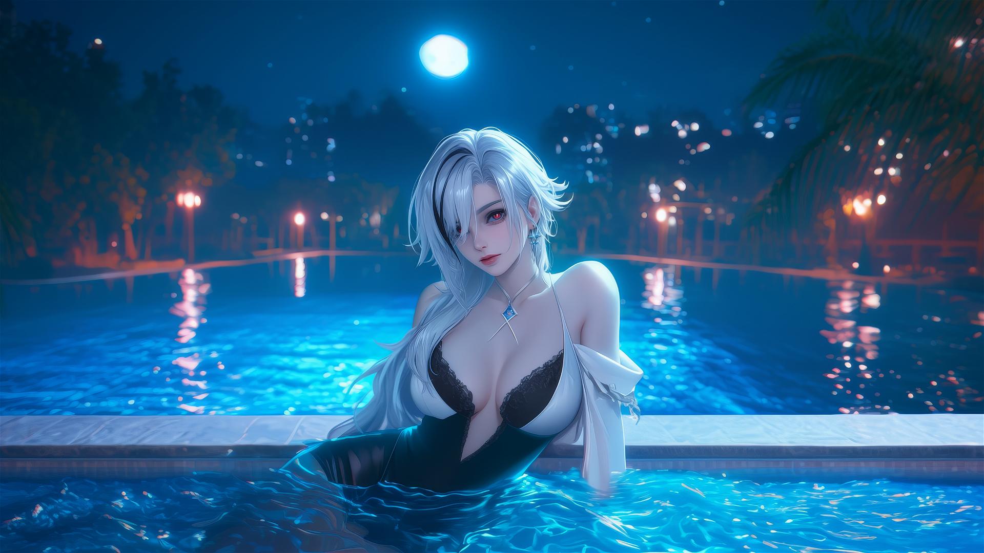 Arlecchino from Genshin Impact with snow white hair and black streaks, resting by a moonlit pool.