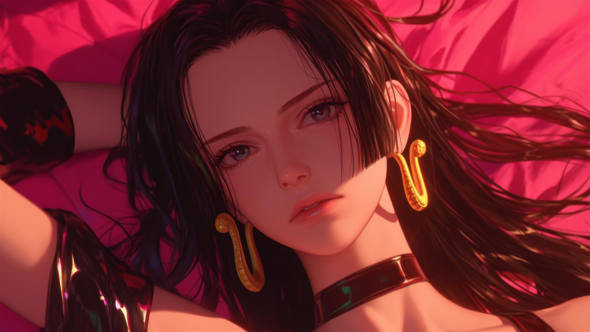 High angle of Boa Hancock in bed with black and pink leather and gold earrings