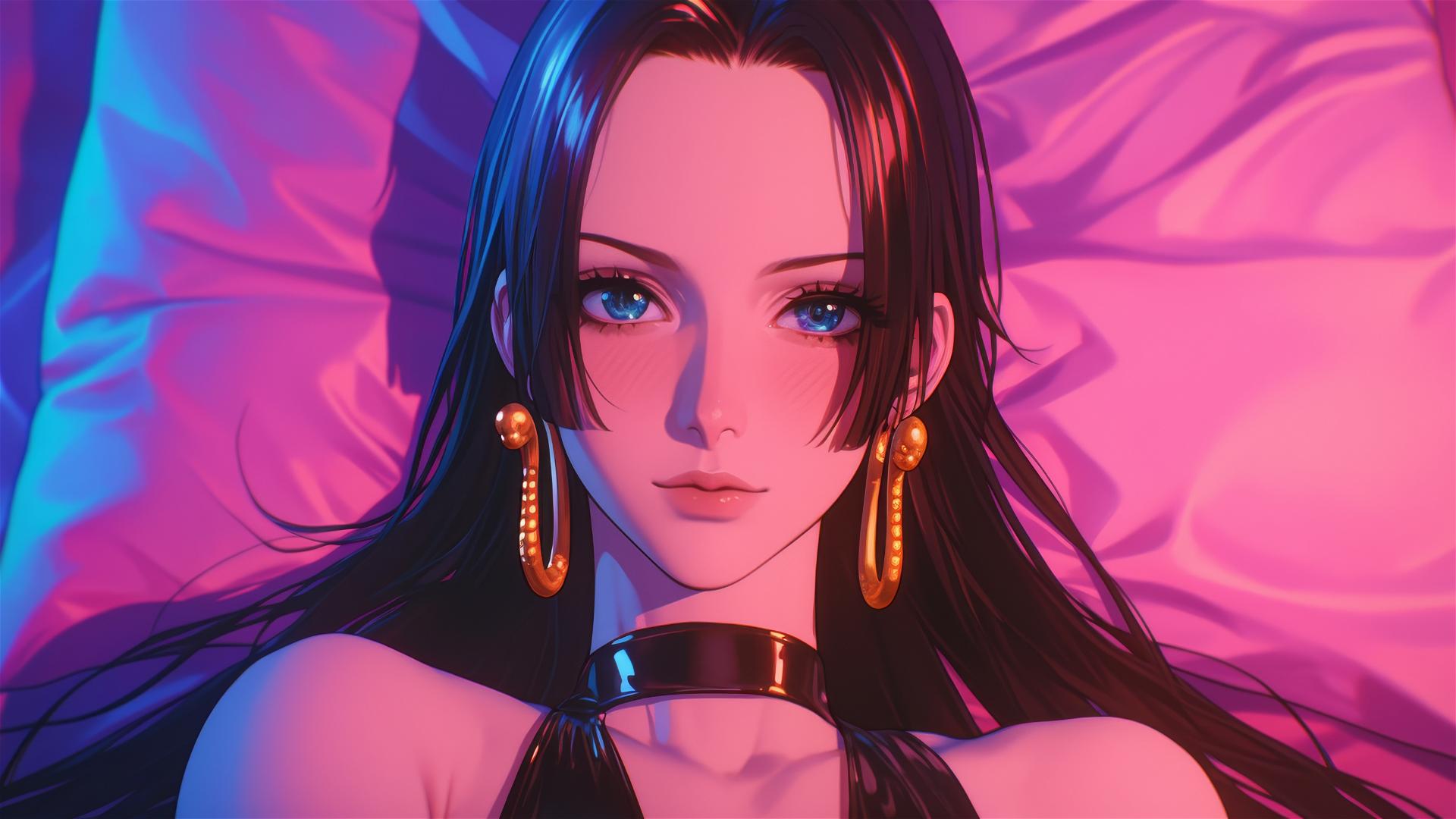 Boa Hancock from One Piece in bed wearing black and pink leather, neon pink background.