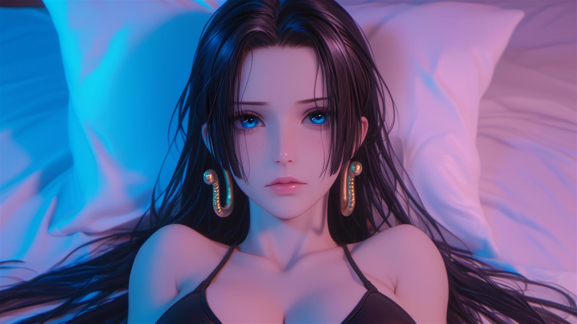 Boa Hancock from One Piece in bed, wearing black and pink leather, neon colors
