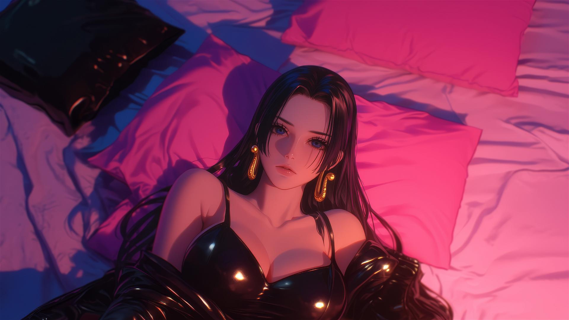 Boa Hancock in bed, dressed in black and pink leather, with neon pink and high contrast.