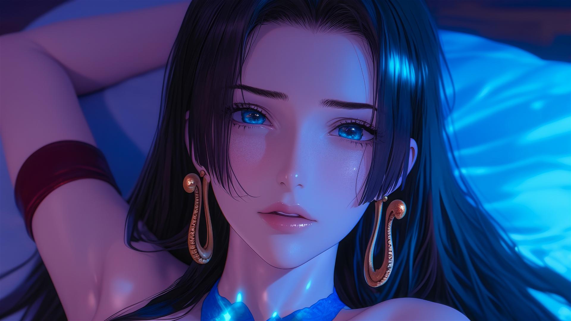 Boa Hancock in bed with neon lights and high contrast