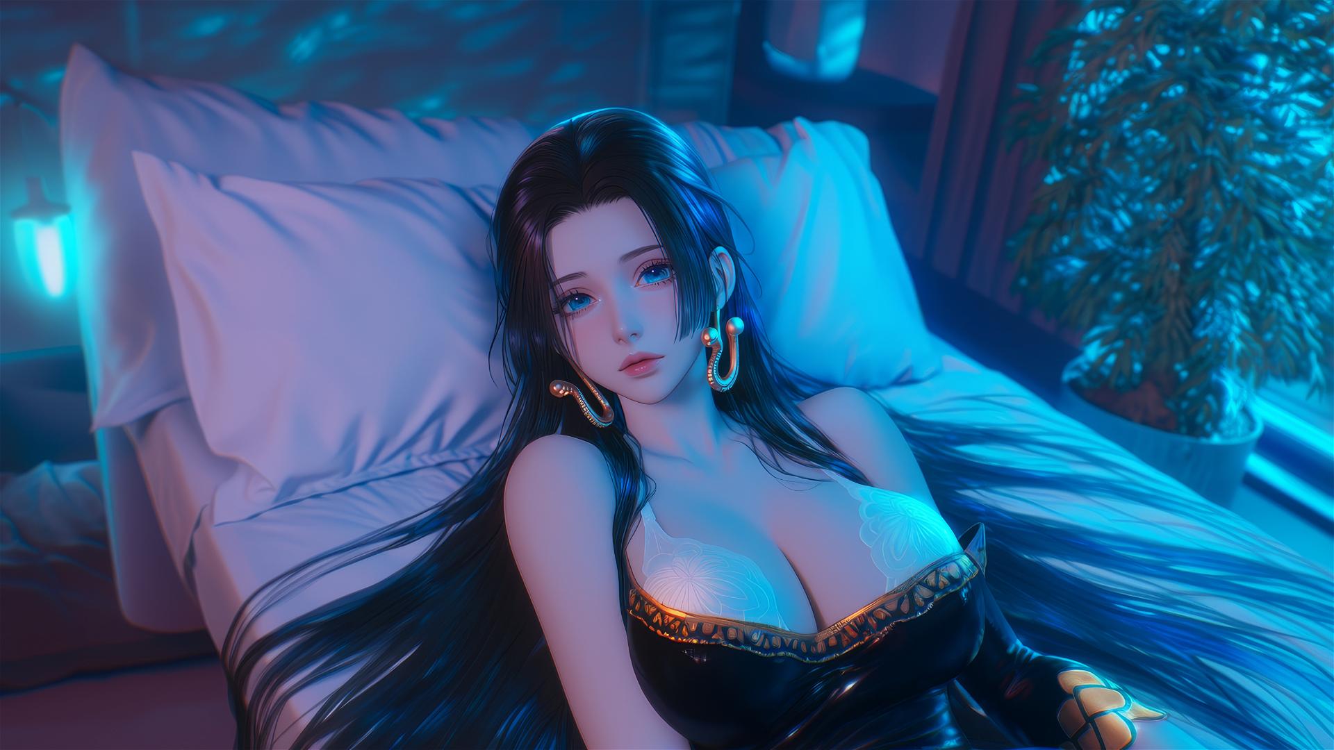 High Angle of Boa Hancock from One Piece in a neon-lit, pink, high contrast bed