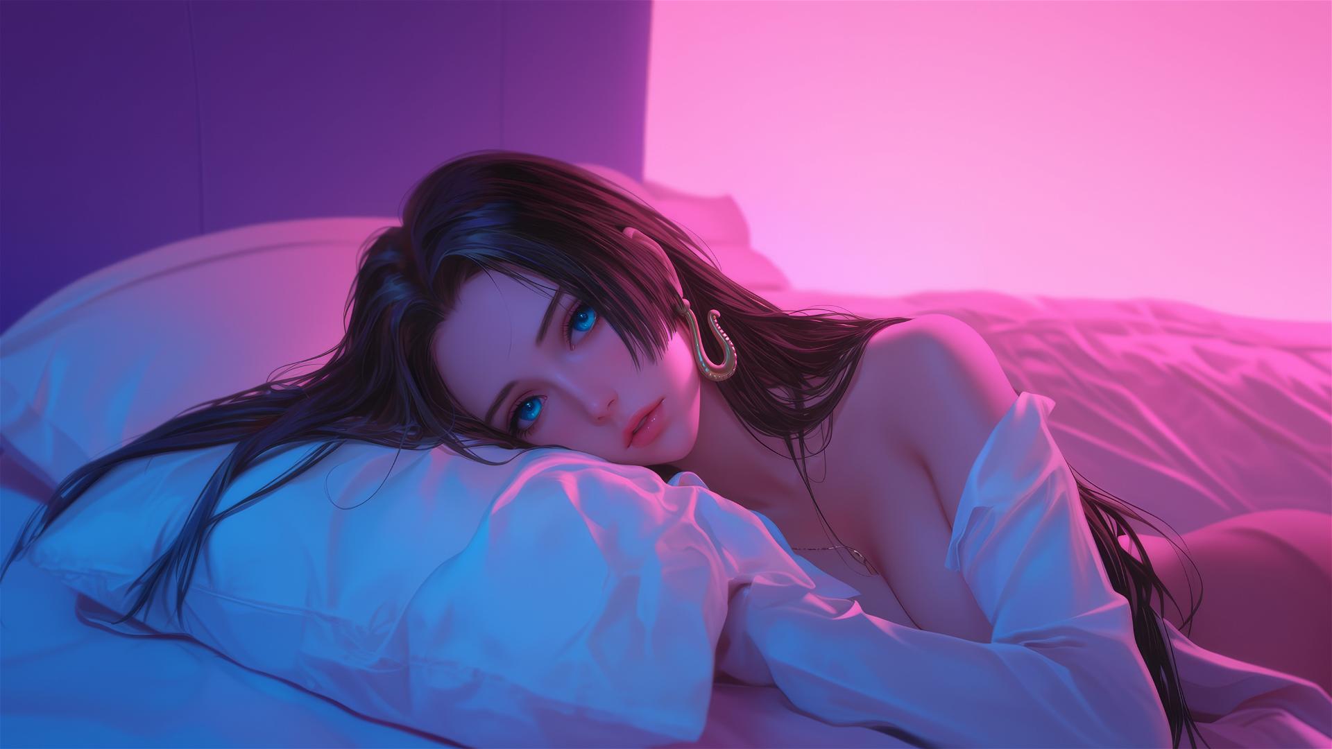 Boa Hancock from One Piece in bed, with neon colors and a pink background