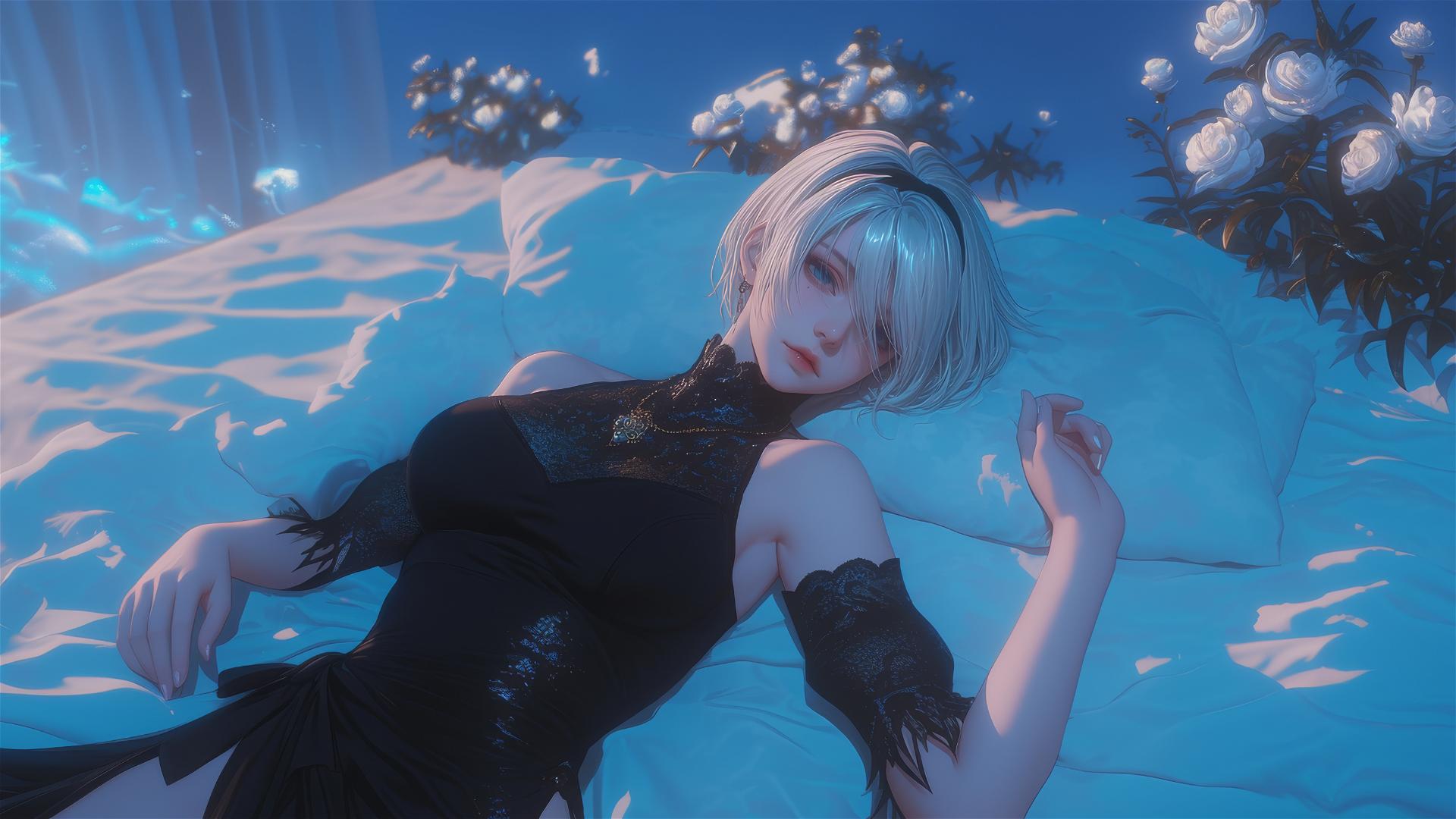High angle view of 2B from Nier in bed with relaxed posture and short hair.
