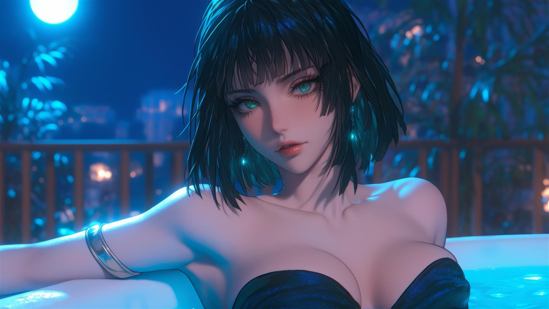 Fubuki from One Punch Man relaxing in a tub under moonlight