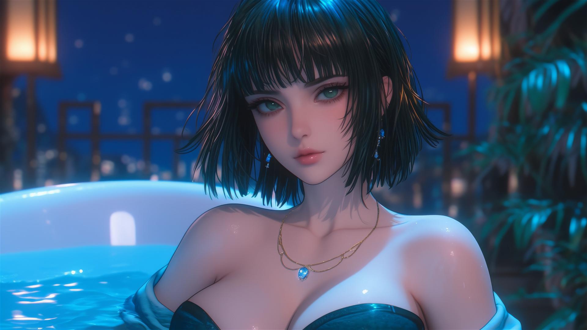 Fubuki from One Punch Man resting in a tub under moonlight