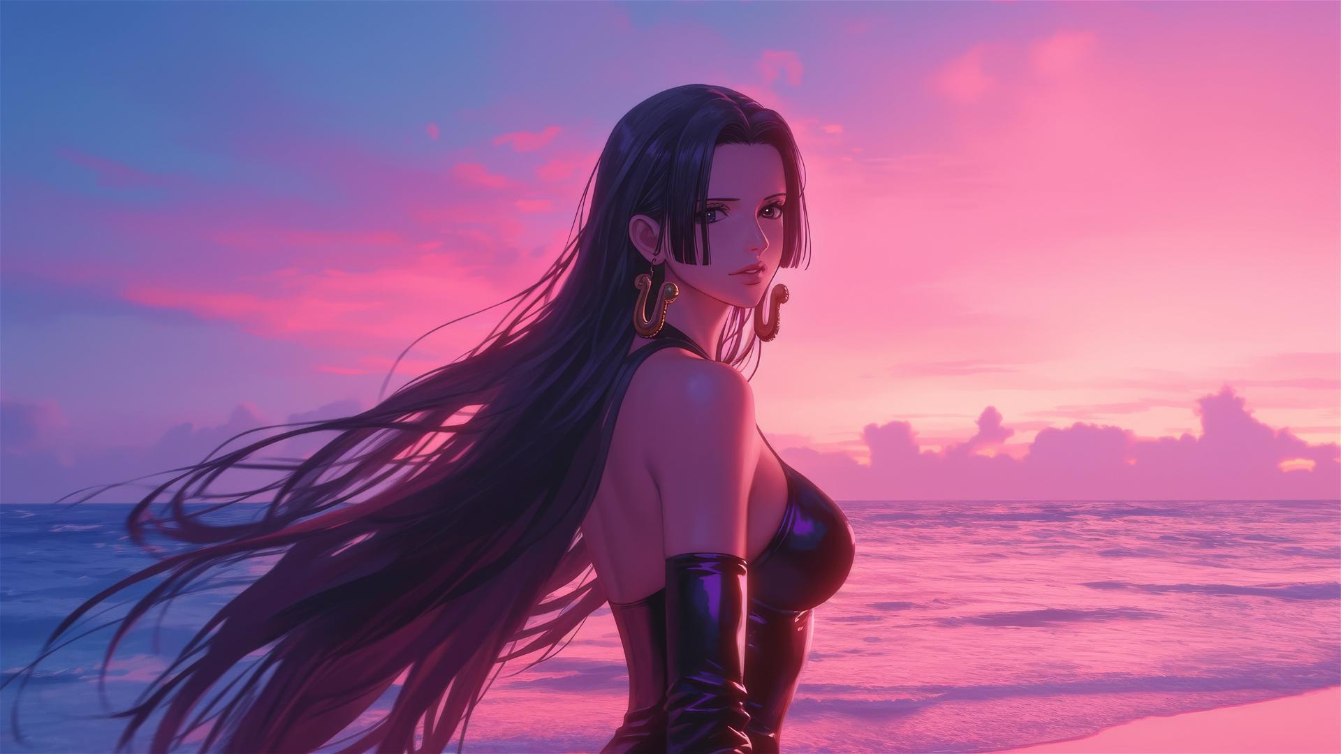 Boa Hancock in leather outfit on beach at sunset with neon pink sky