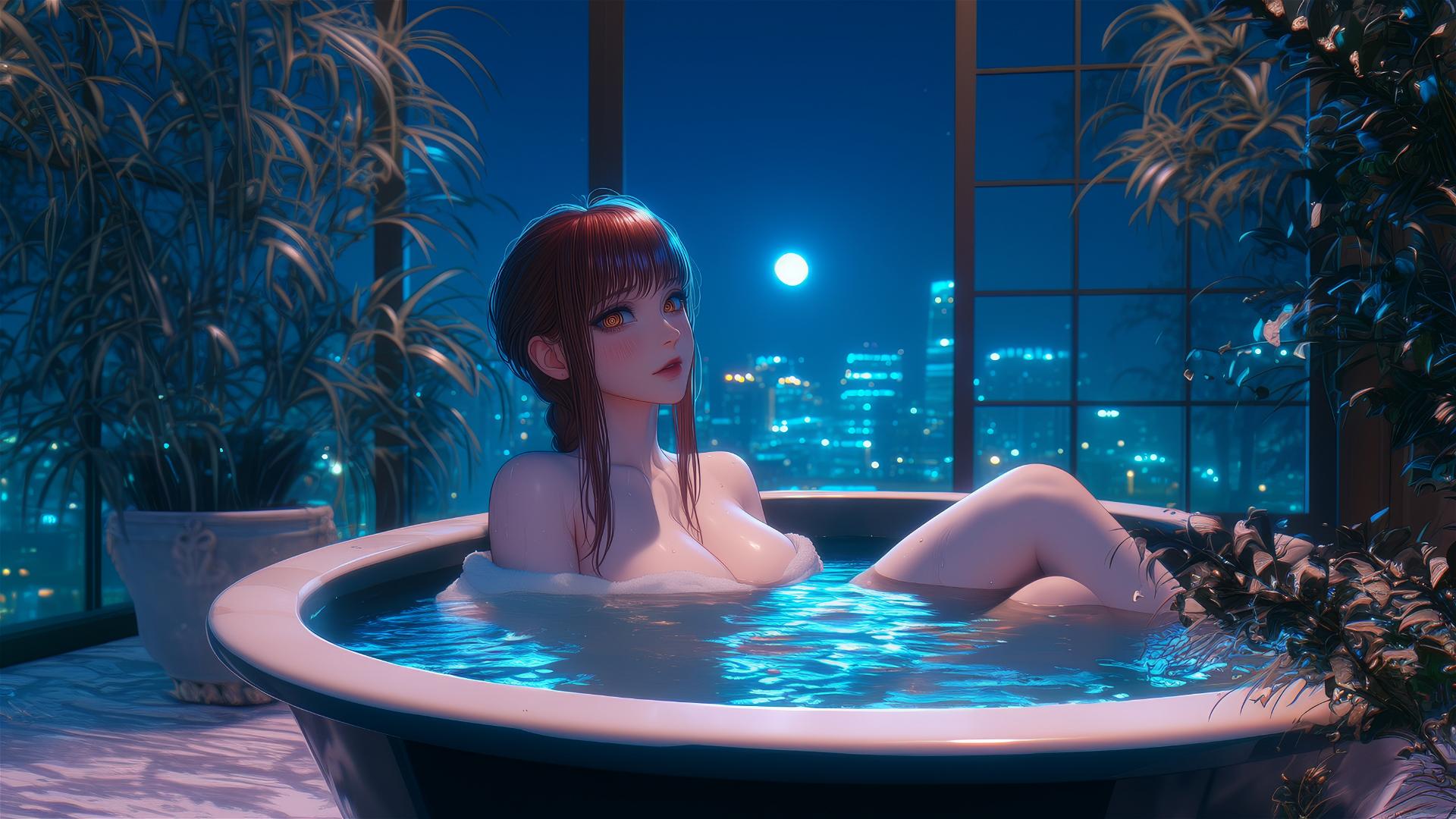 Makima from Chainsaw Man resting in a bathtub with moonlight glow