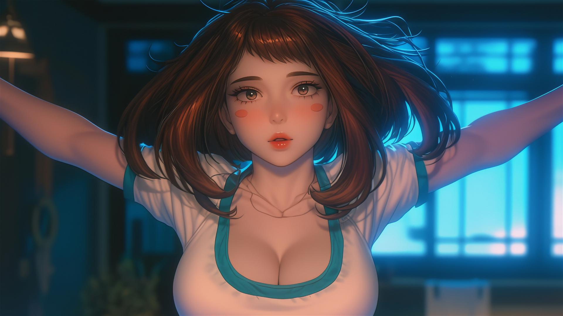 Ochaco Uraraka jumping out of a tub in her apartment, glowing warmly.