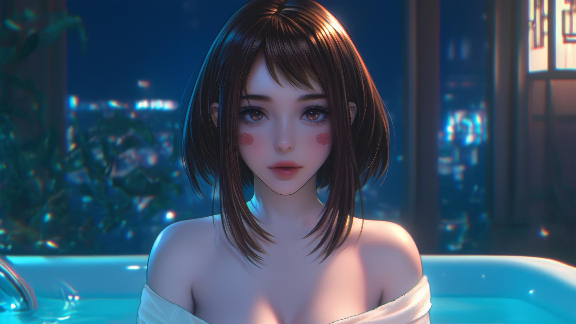 Ochaco Uraraka from My Hero Academia resting in a bathtub with warm light glow