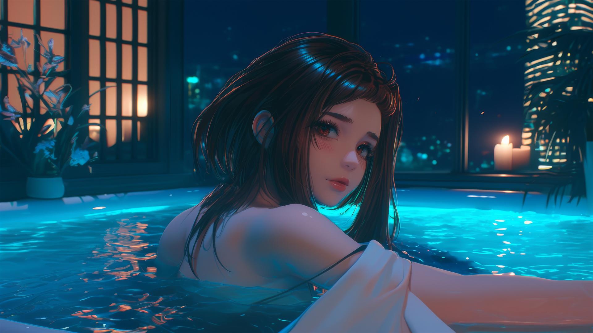 Ochaco Uraraka relaxing in a bathtub with warm light and auburn hair