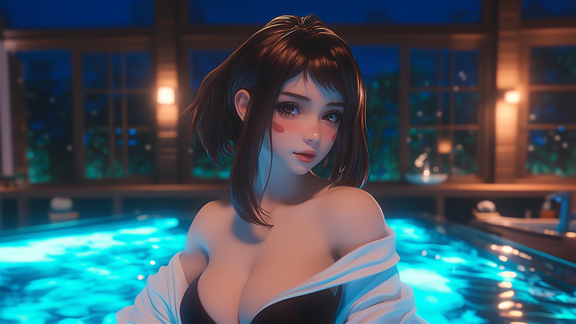 Ochaco Uraraka in a tub with warm light and auburn hair.