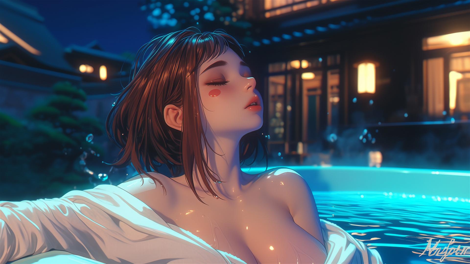 Ochaco Uraraka resting in tub with warm light and auburn hair