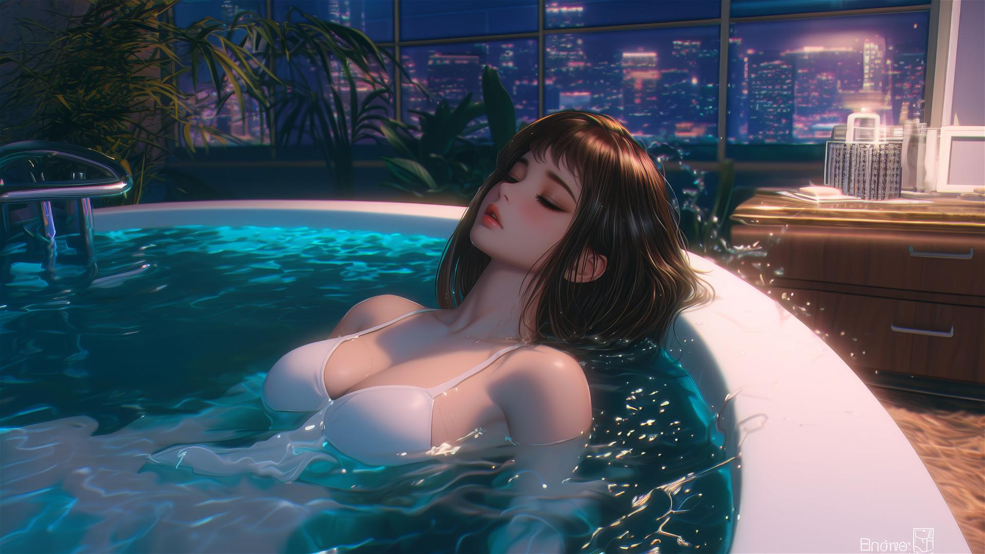 Ochaco Uraraka from My Hero Academia resting in a tub, warm light, auburn hair and eyes, pink blush marks on cheeks