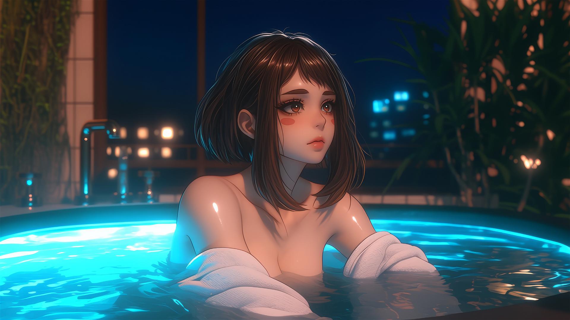 Ochaco Uraraka from My Hero Academia resting in a tub with warm lighting.