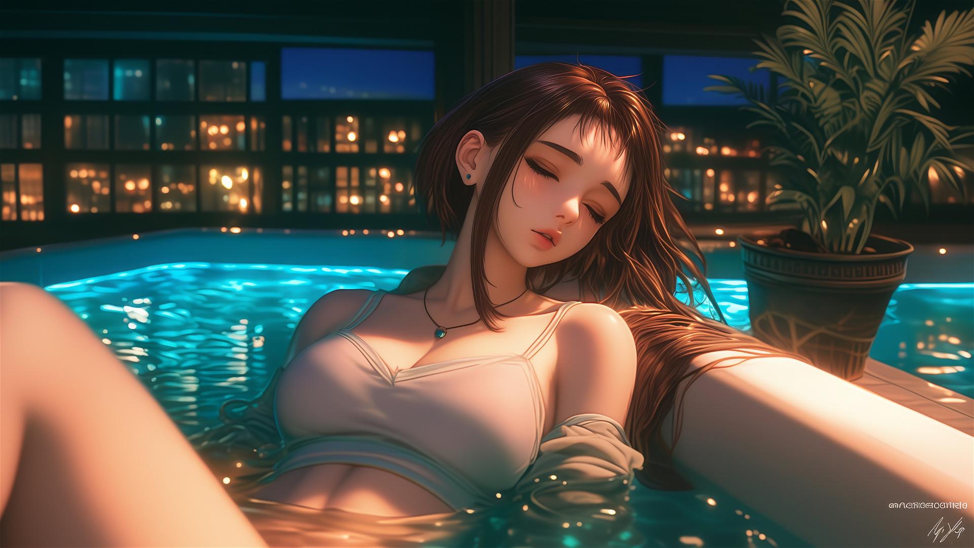 Ochaco Uraraka resting in a tub, soft glow highlighting her auburn hair and pink blush