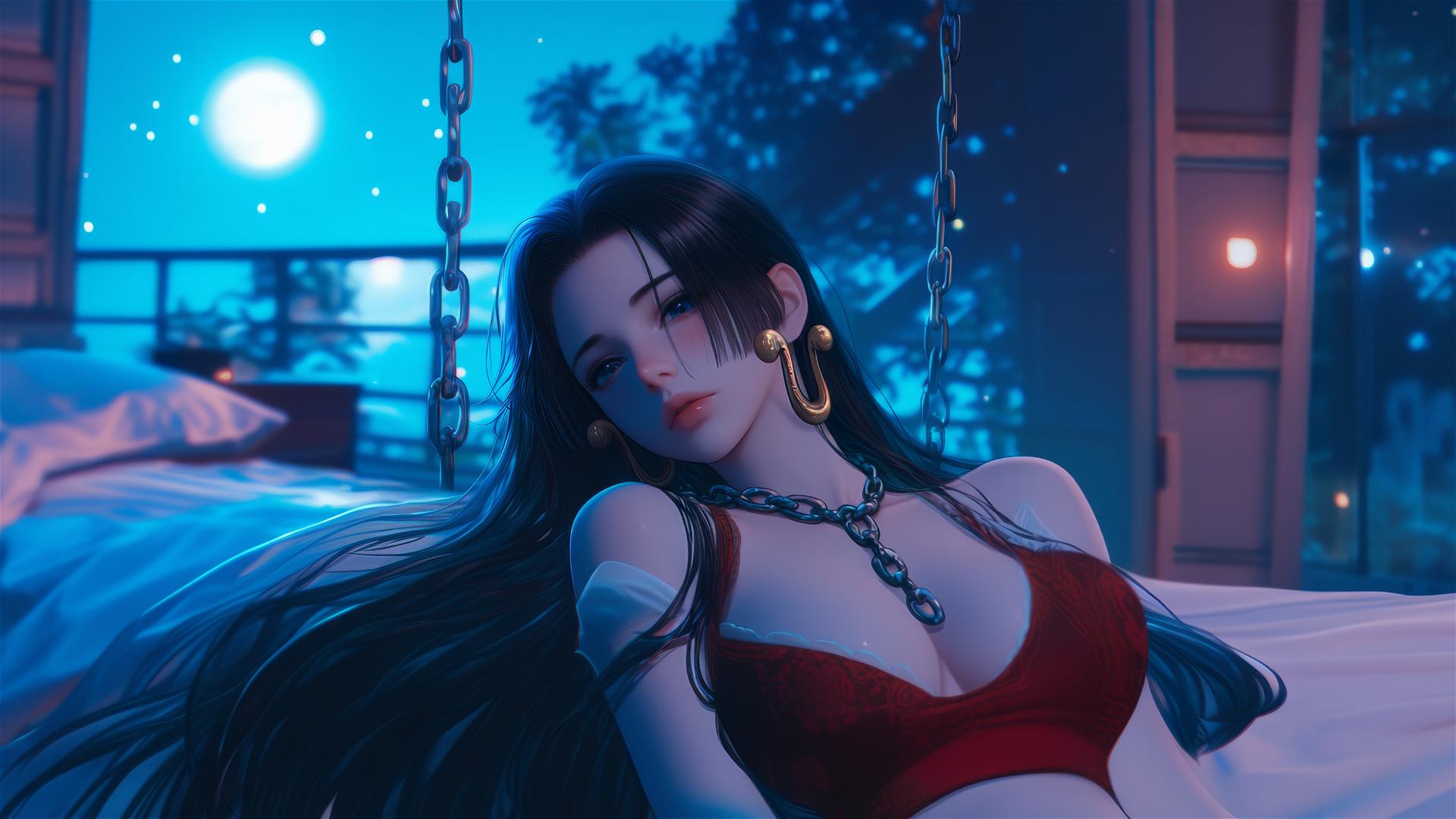 Boa Hancock in chains under moonlight in a hotel room