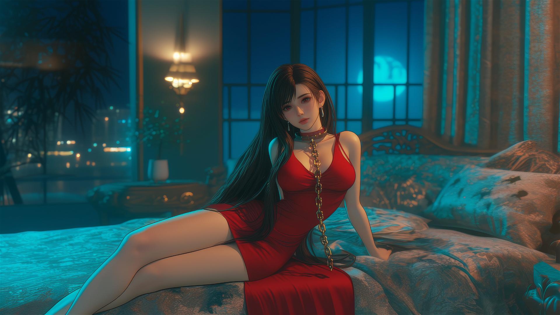 Tifa Lockhart in thick iron chains, wearing red in a soft glowing hotel room