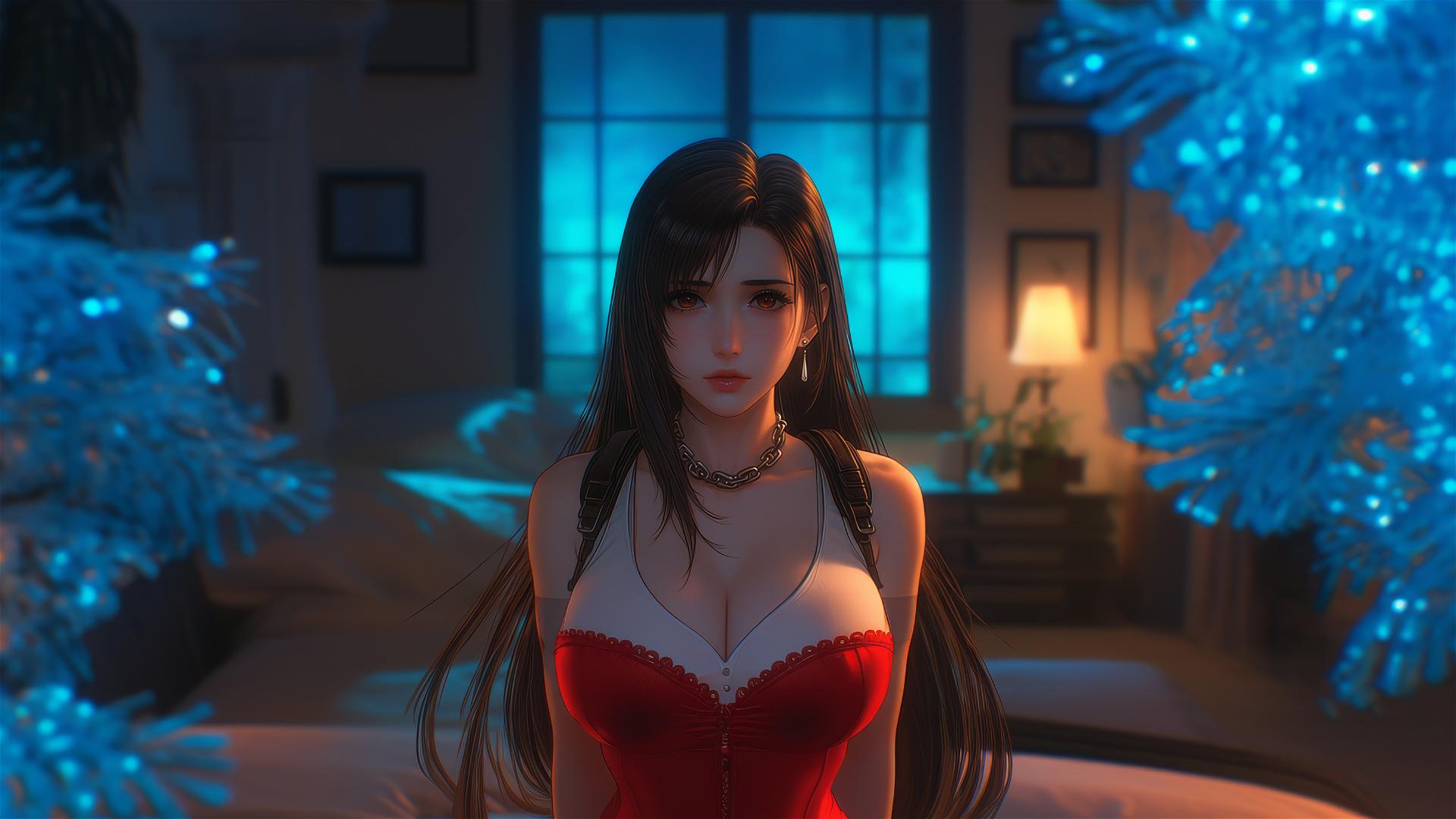 Tifa Lockhart in modern hotel room with neck locked by iron chains