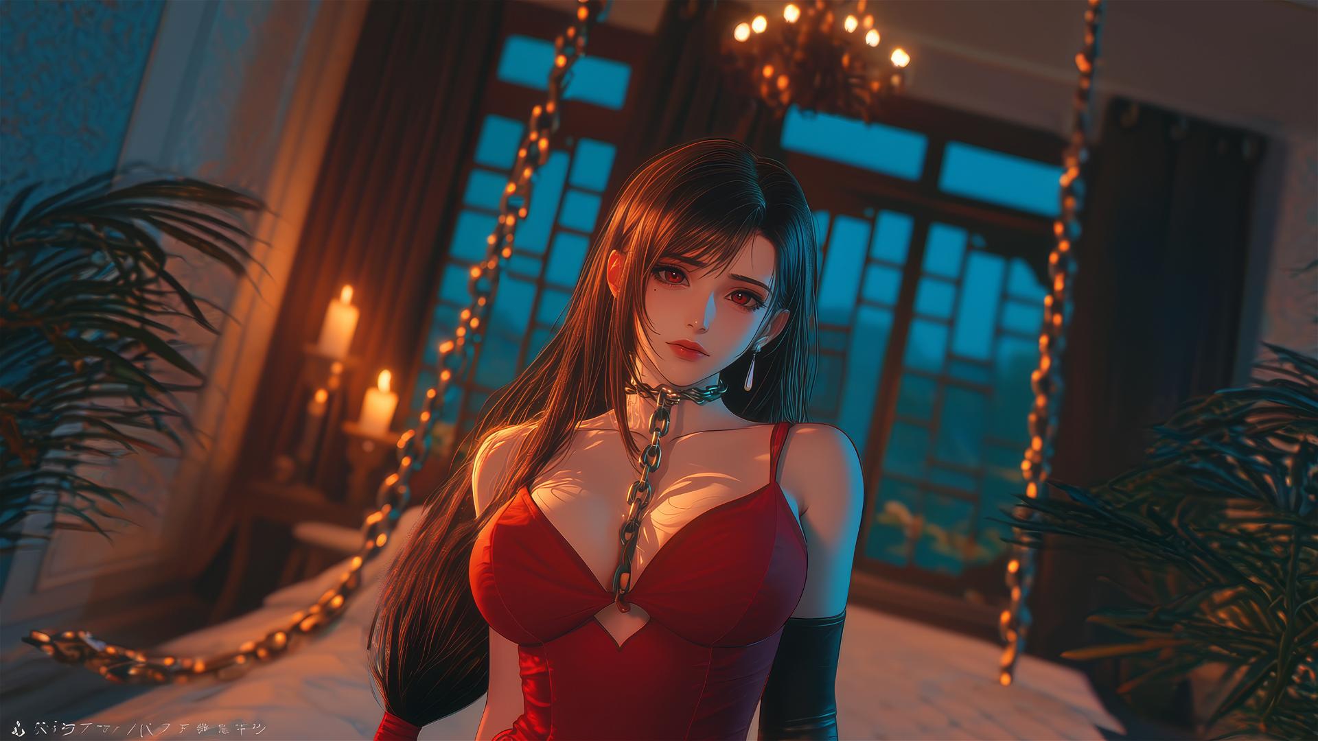 Tifa Lockhart in a modern hotel room, wearing red, chained by the neck.