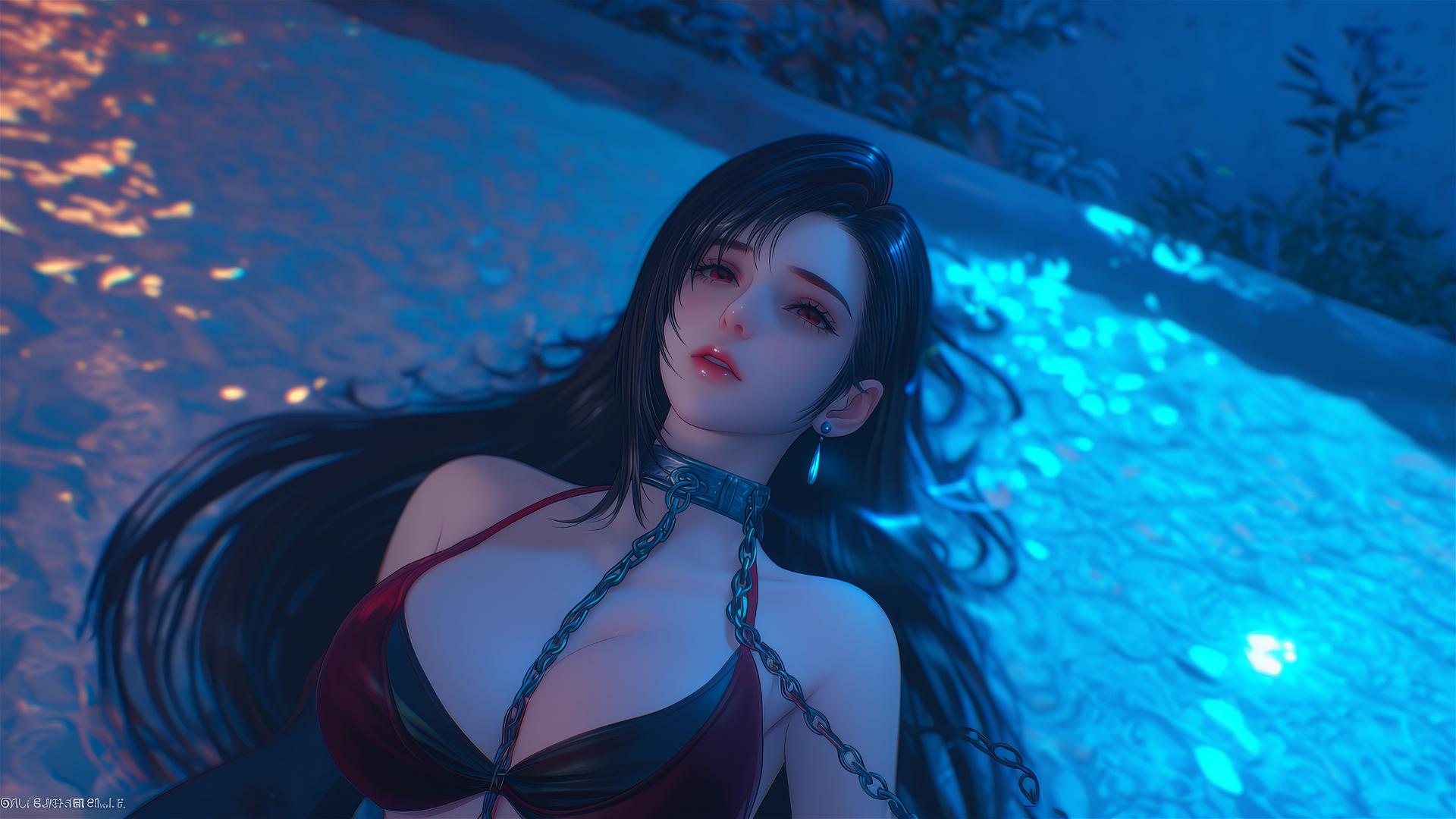 Tifa Lockhart in chains in a red outfit with soft lighting