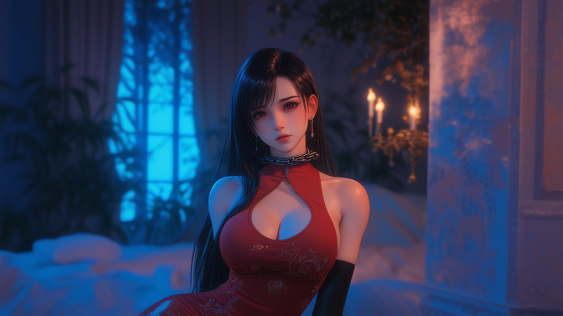Tifa Lockhart in red, neck chained, in a modern hotel room with warm lighting.