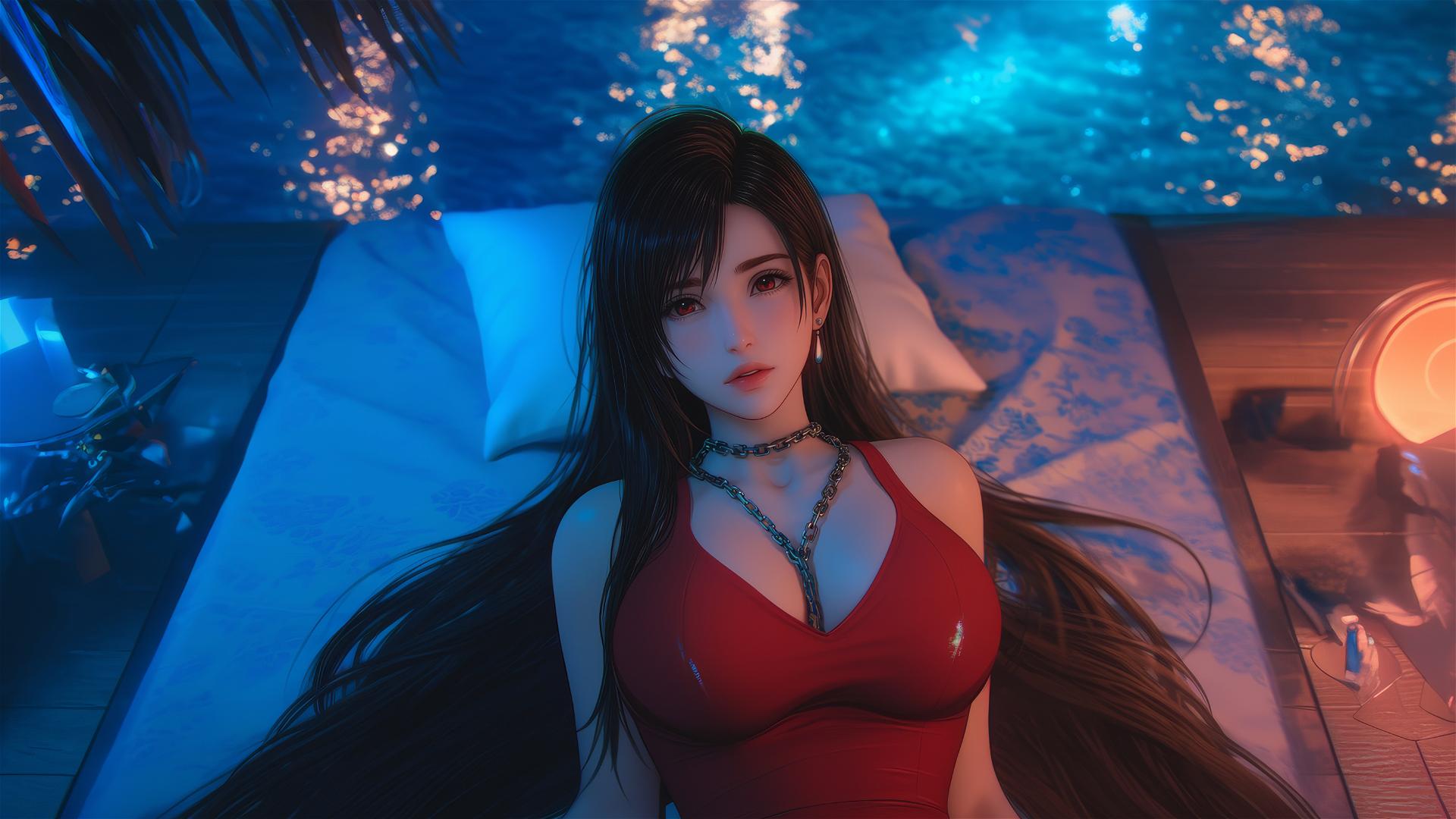 Tifa Lockhart in red, neck locked by thick iron chains, in a warmly lit modern hotel room.