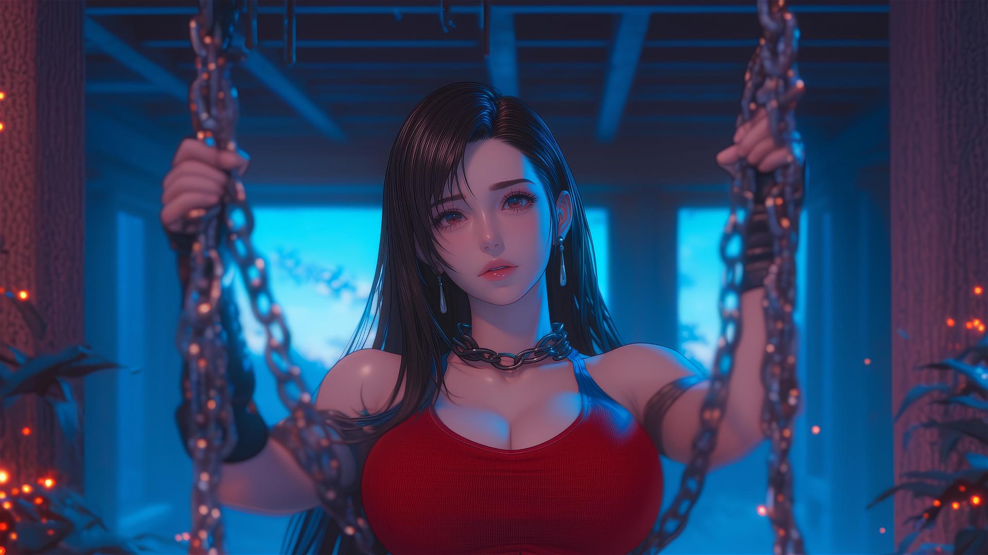 Tifa Lockhart with iron chains around her neck in a hotel room, warm lighting