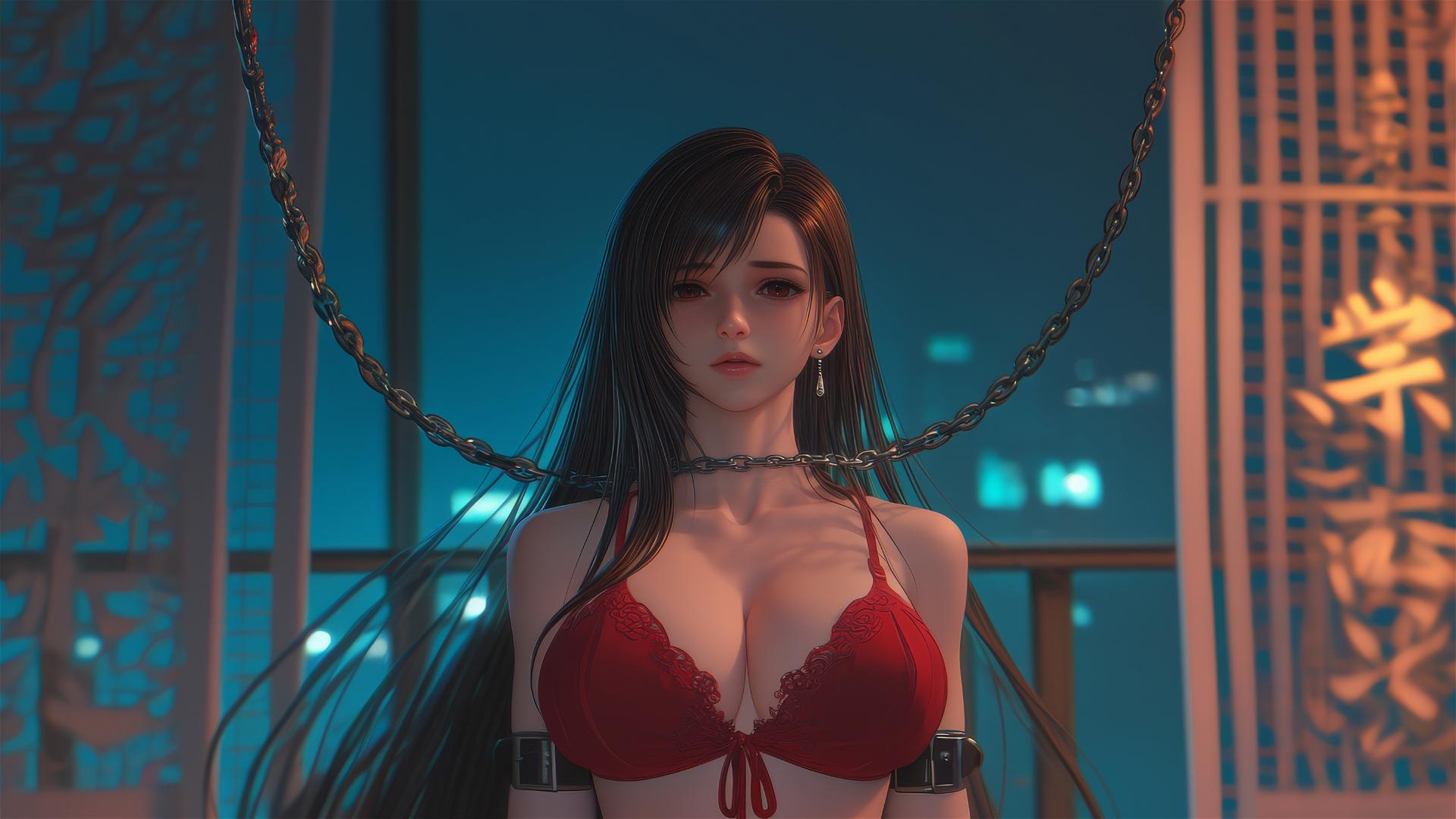 Tifa Lockhart chained in a hotel room under warm light