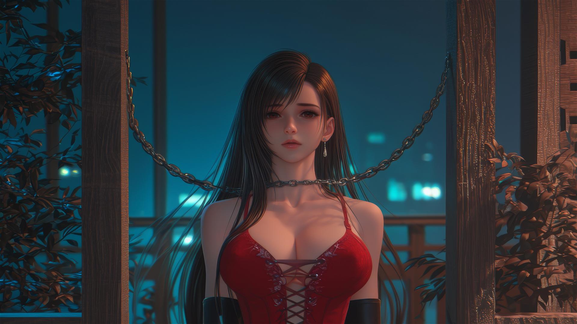 Tifa Lockhart from Final Fantasy, chained by neck in a modern hotel room.