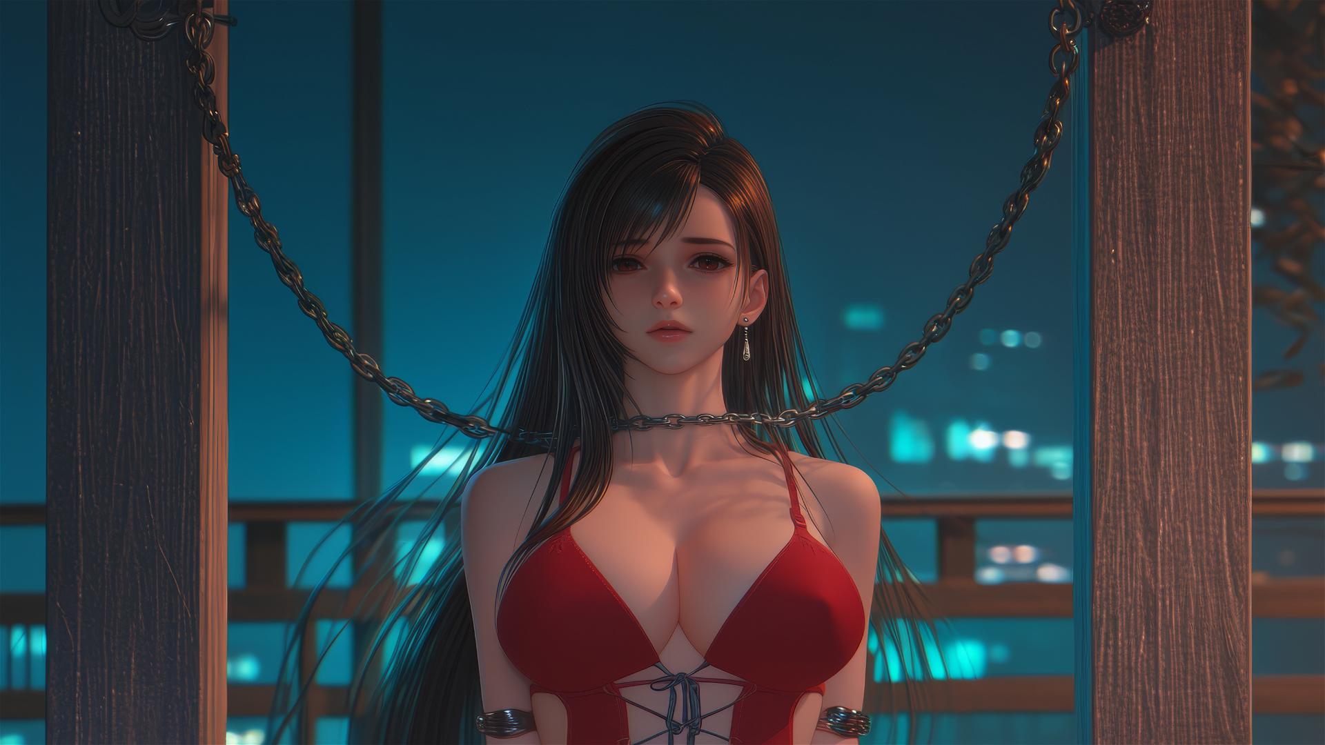 Tifa Lockhart in thick iron chains with red attire in a hotel room