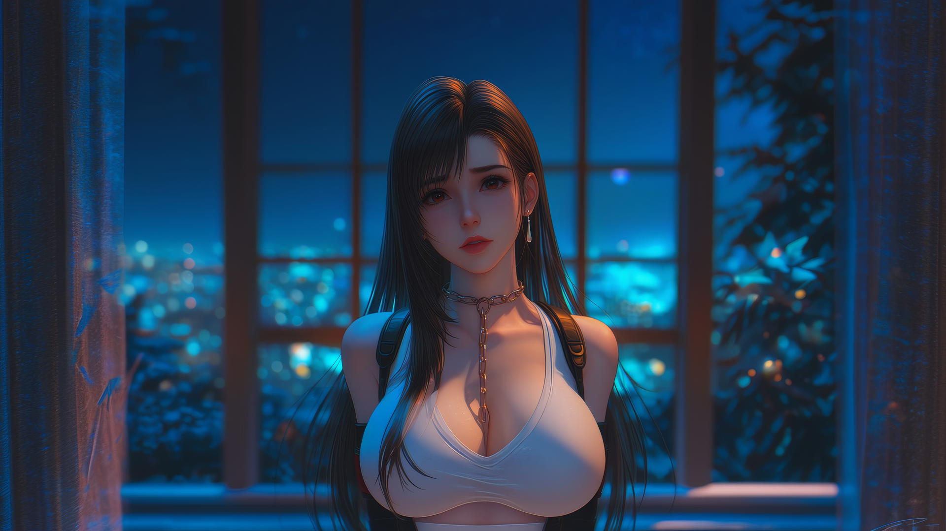 Tifa Lockhart in chains, warm light in hotel room