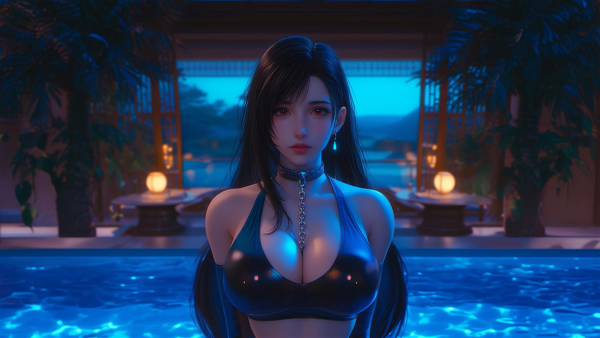 Tifa Lockhart with iron chains around her neck in a modern hotel room