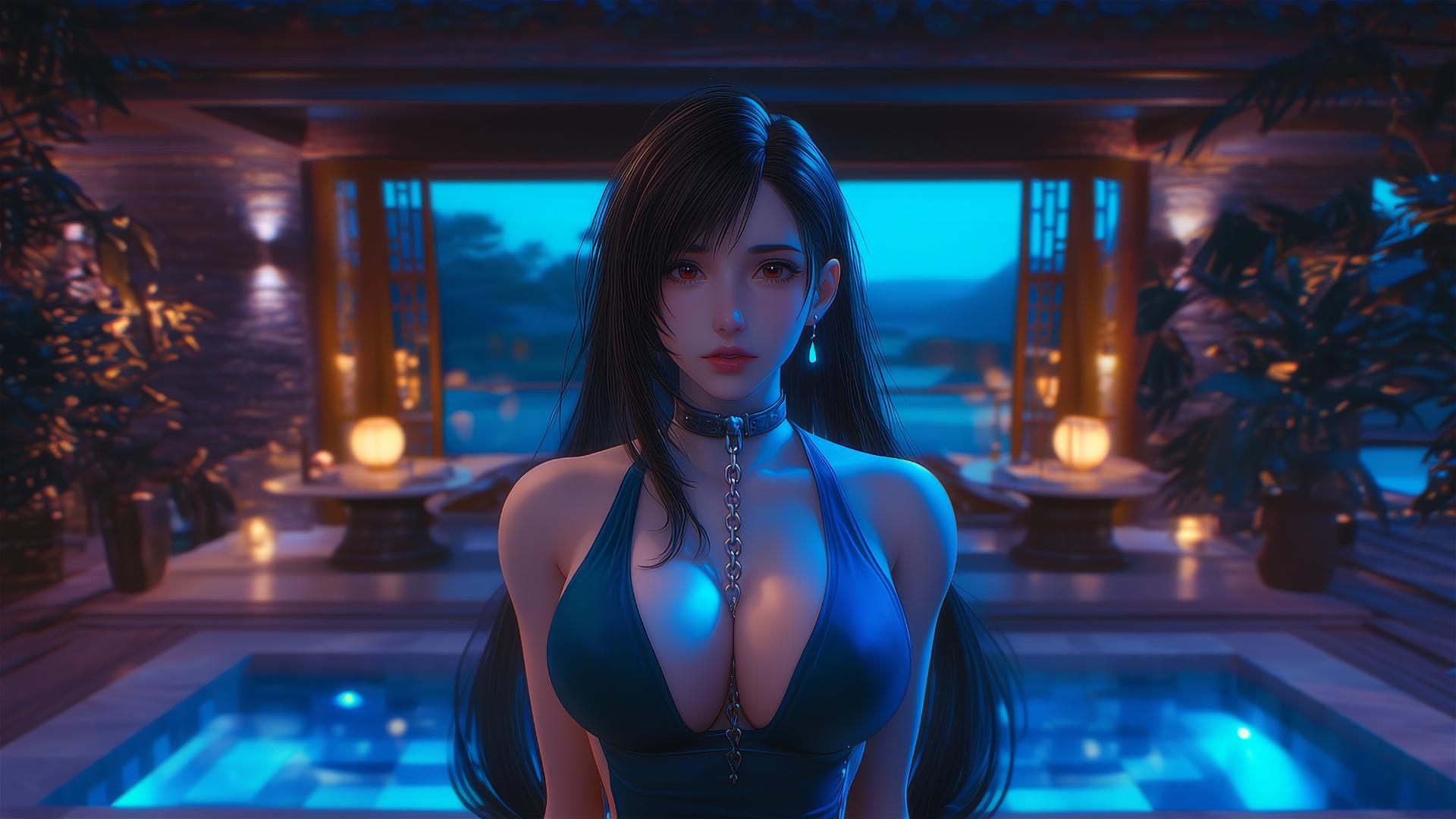 Tifa Lockhart in a modern hotel room, neck locked with iron chains, warm light