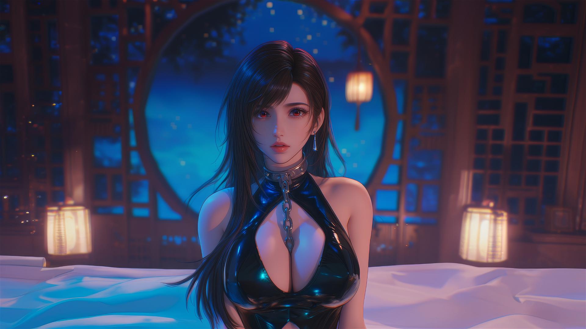 Tifa Lockhart chained in a modern hotel room under warm light
