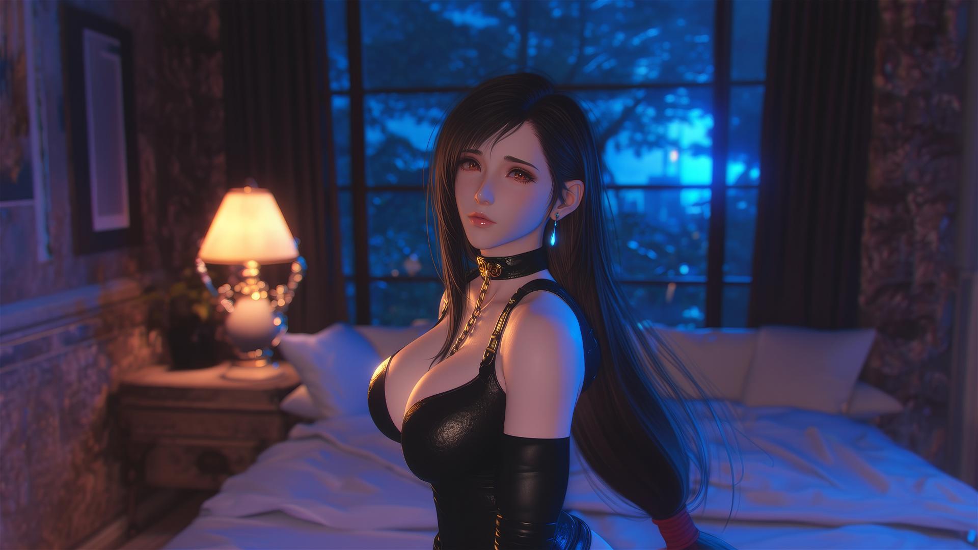 High-angle view of Tifa Lockhart in black leather with iron chains in a modern hotel room.