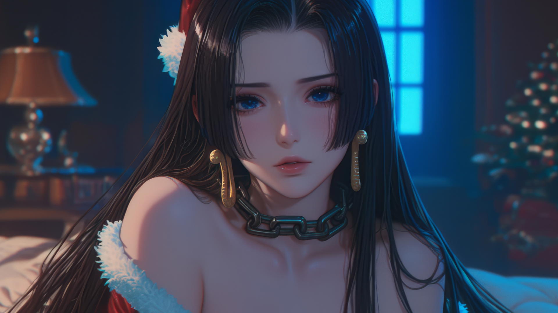 Boa Hancock in Christmas costume with chains in neon-lit hotel room
