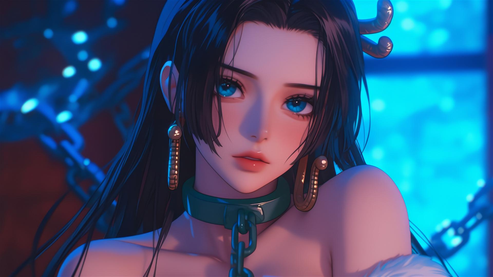 Boa Hancock in Christmas costume, chained in modern hotel room with warm neon light