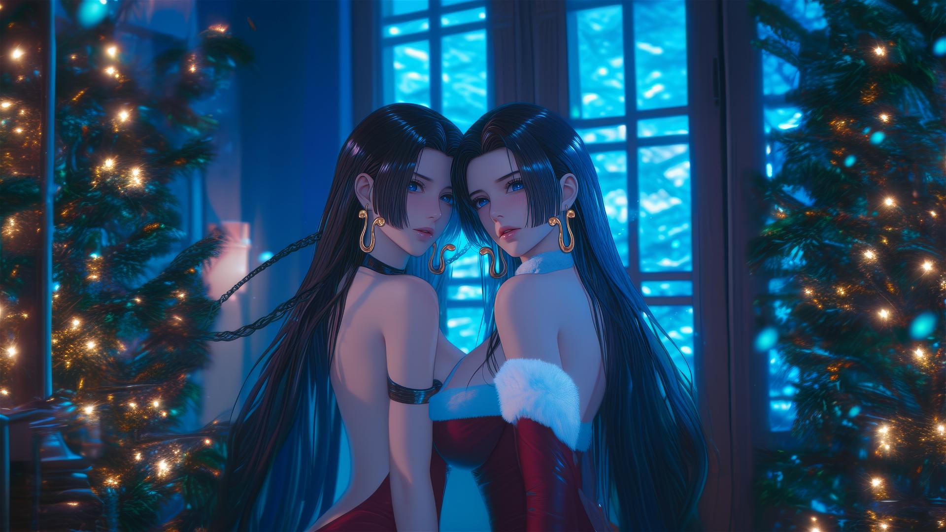 Boa Hancock in Christmas costume, locked with chains in neon-lit hotel room.