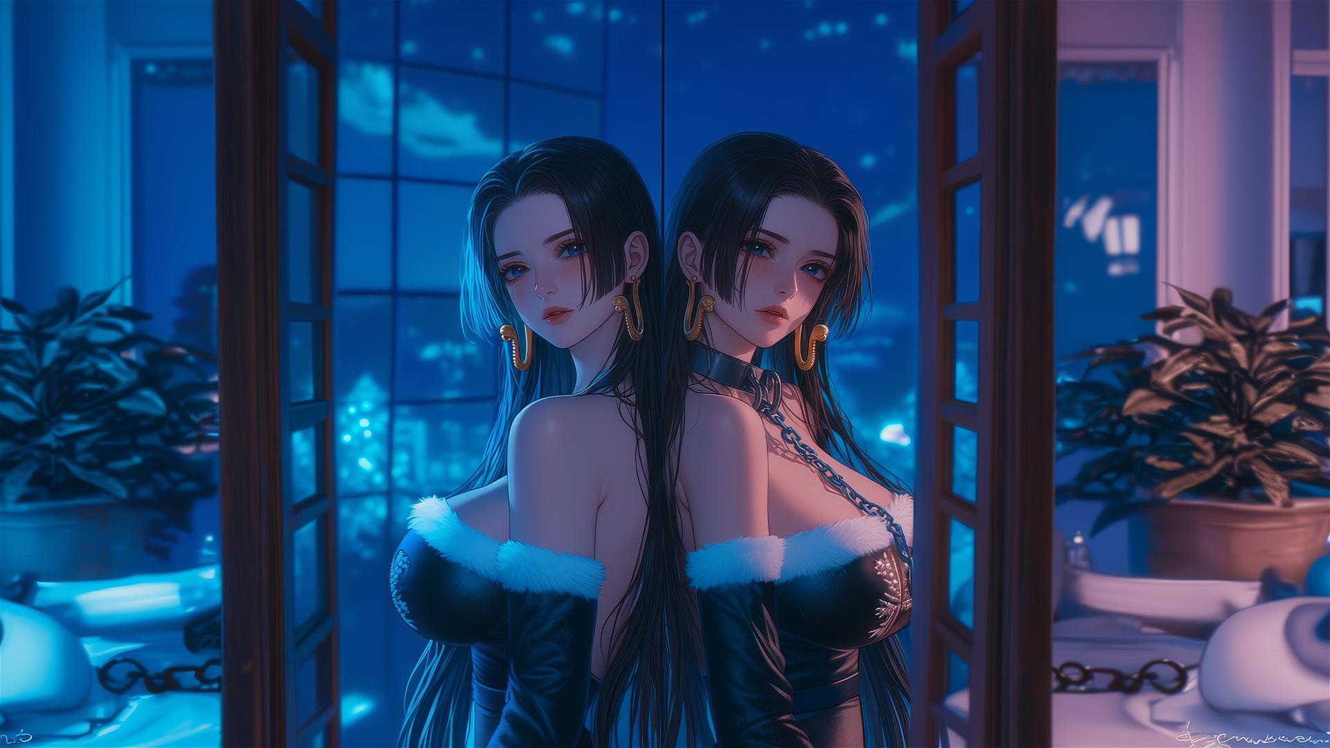Boa Hancock in Christmas costume, chained in neon-lit hotel room