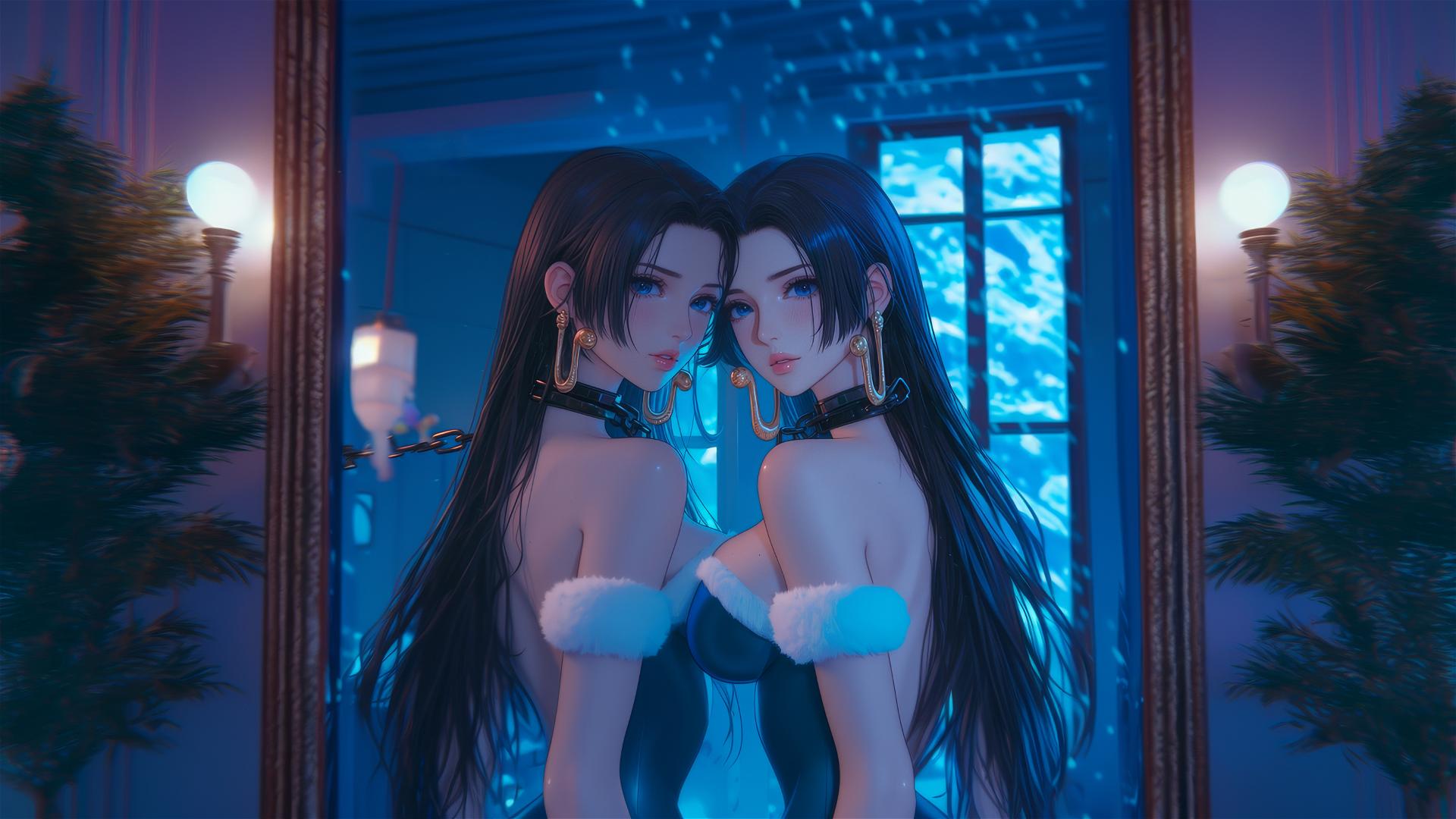Boa Hancock in Christmas costume, chained in neon-lit hotel room